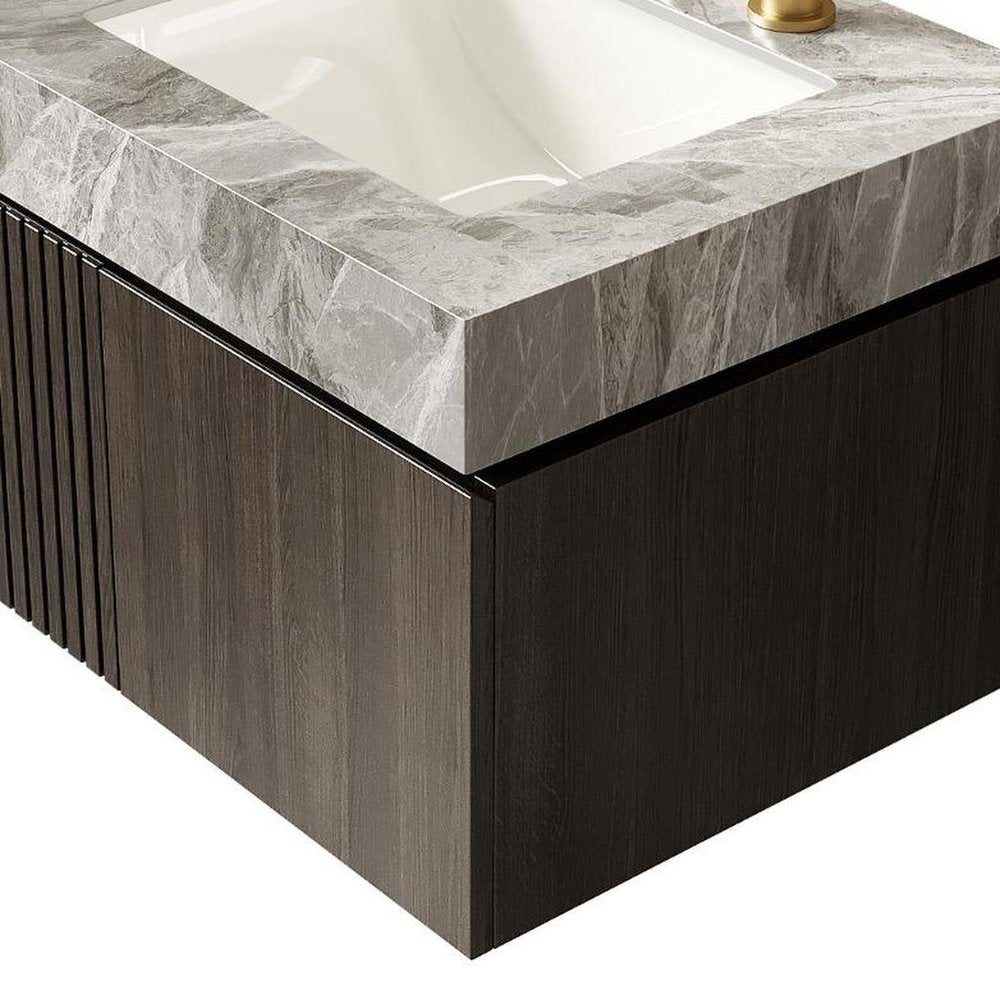 24" Brown Wood Floating Double Door Bathroom Vanity With White Sink