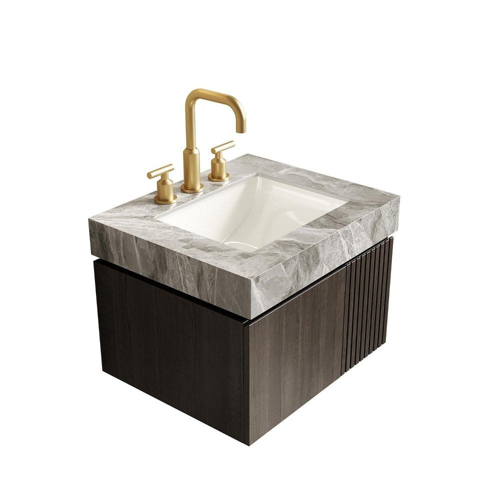 24" Brown Wood Floating Double Door Bathroom Vanity With White Sink
