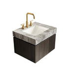 24" Brown Wood Floating Double Door Bathroom Vanity With White Sink