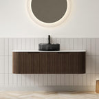 48" Brown Wood Floating Bathroom Vanity With Black Sink And Two Drawers
