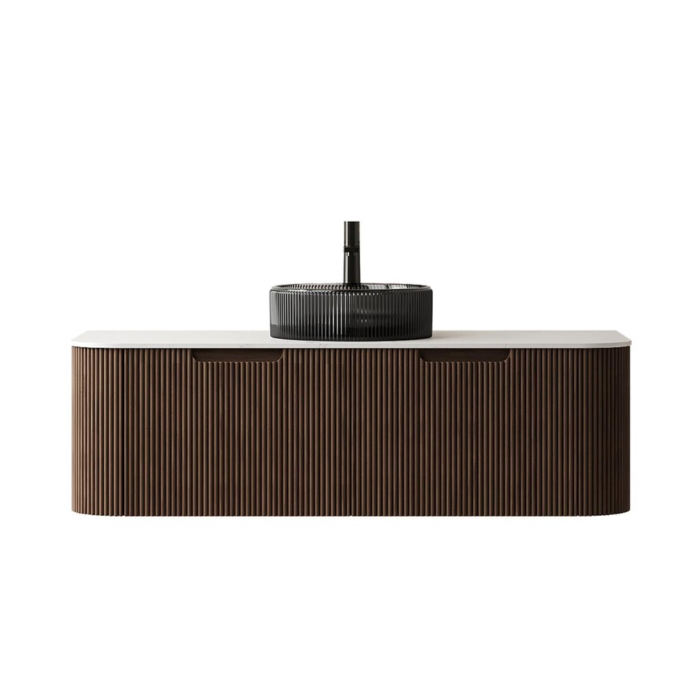 48" Brown Wood Floating Bathroom Vanity With Black Sink And Two Drawers