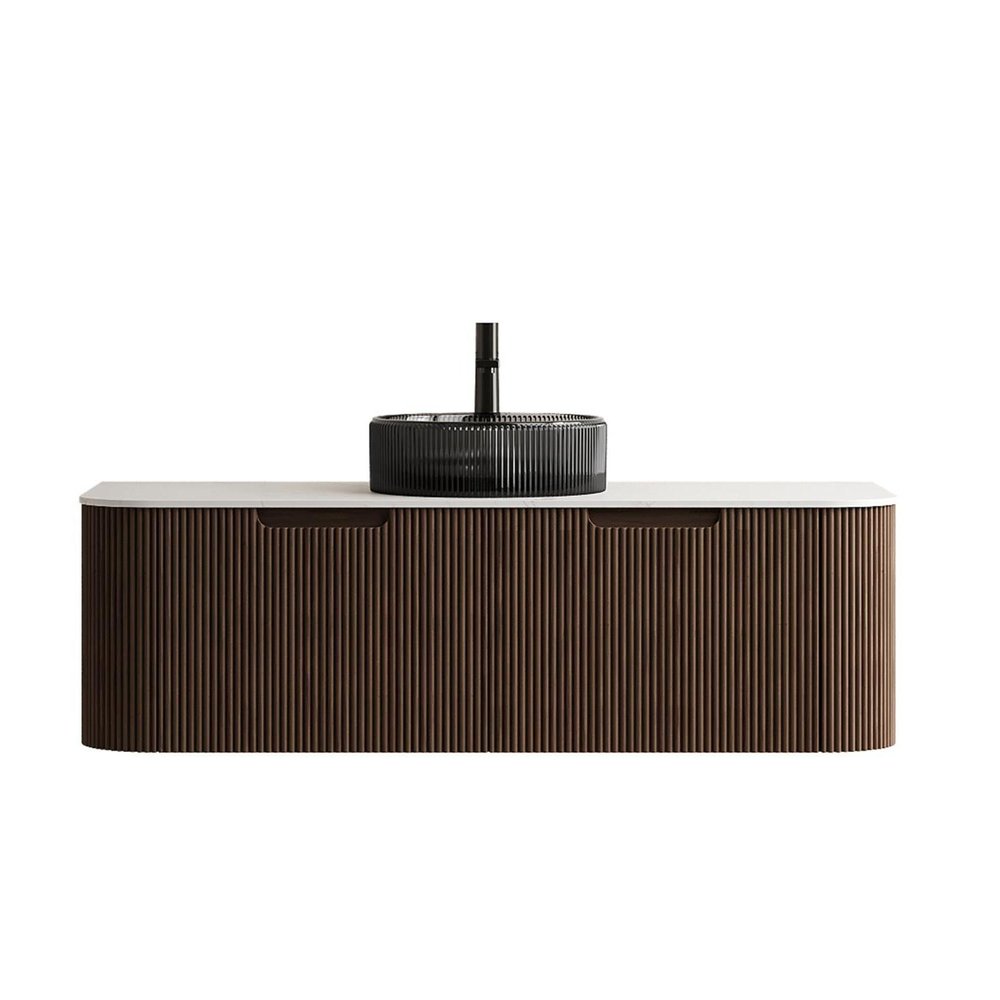 48" Brown Wood Floating Bathroom Vanity With Black Sink And Two Drawers