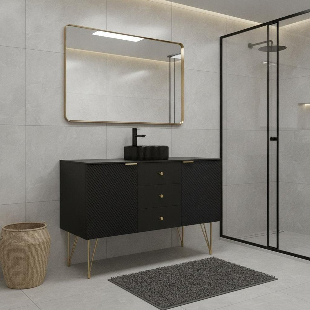 48" Black Wood Freestanding Three Door Bathroom Vanity With Sink And Two Drawers
