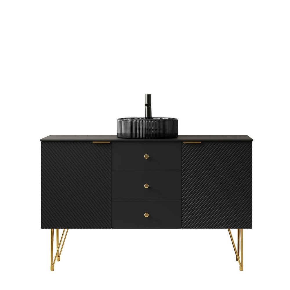 48" Black Wood Freestanding Three Door Bathroom Vanity With Sink And Two Drawers