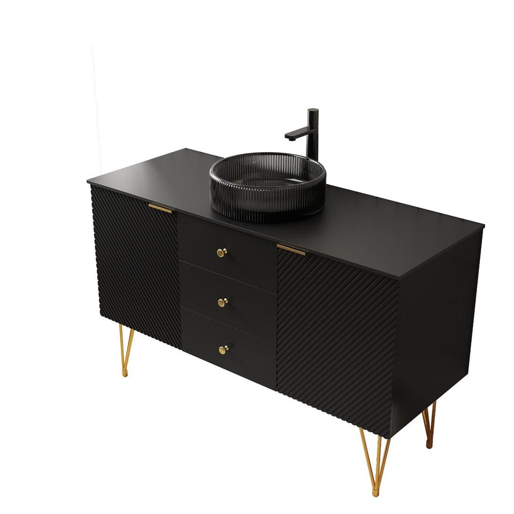 48" Black Wood Freestanding Three Door Bathroom Vanity With Sink And Two Drawers