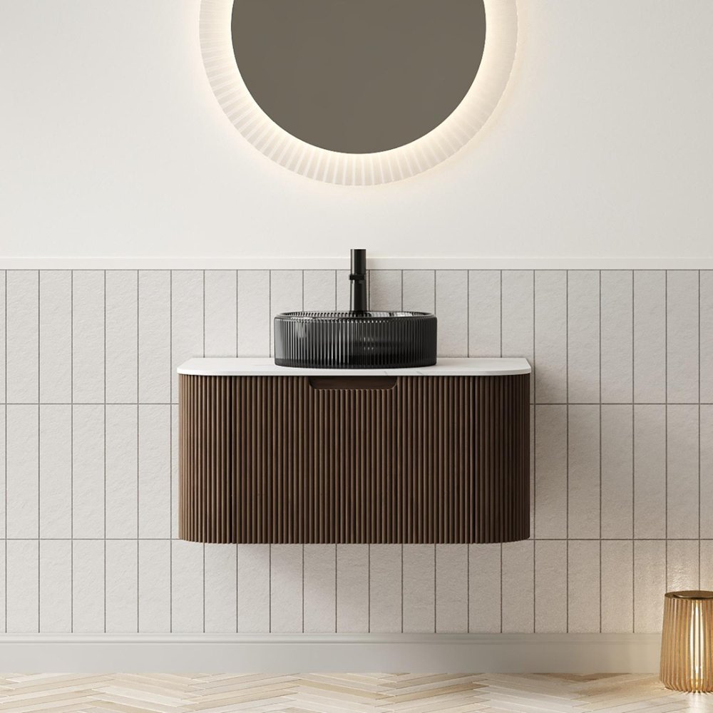 30" Brown Wood Floating Bathroom Vanity With Black Sink
