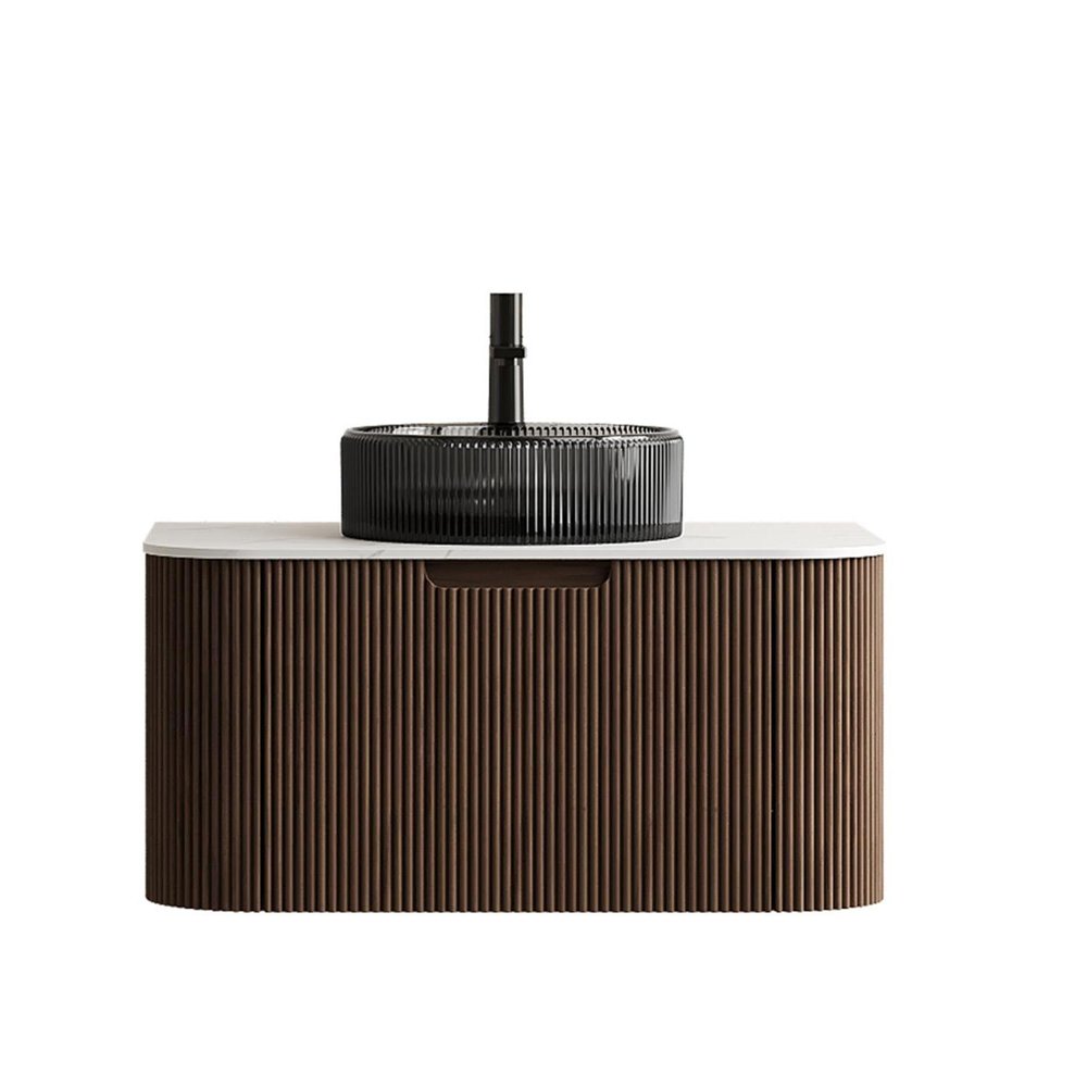 30" Brown Wood Floating Bathroom Vanity With Black Sink