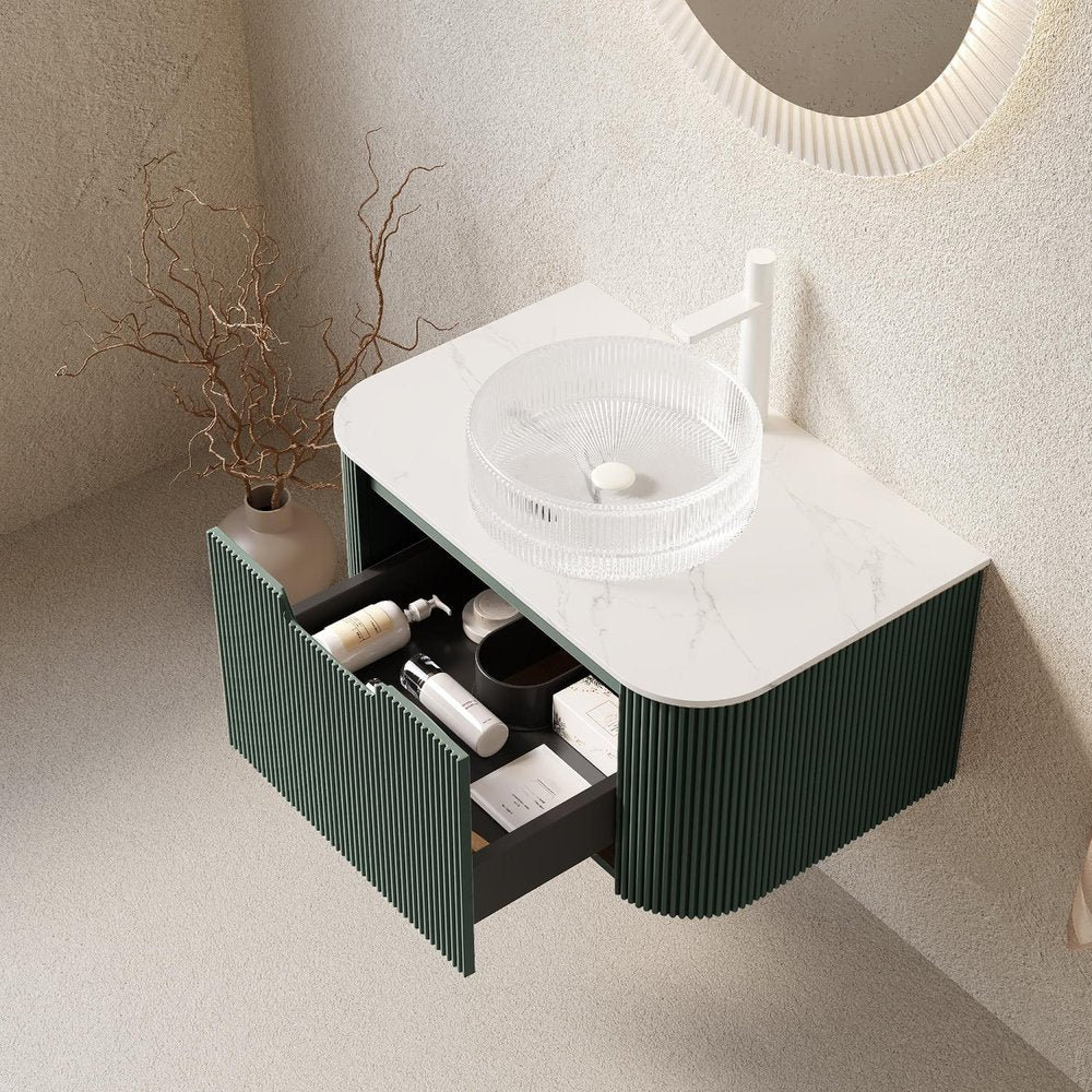 30" Green Wood Floating Bathroom Vanity With White Sink