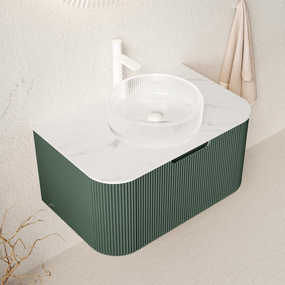 30" Green Wood Floating Bathroom Vanity With White Sink