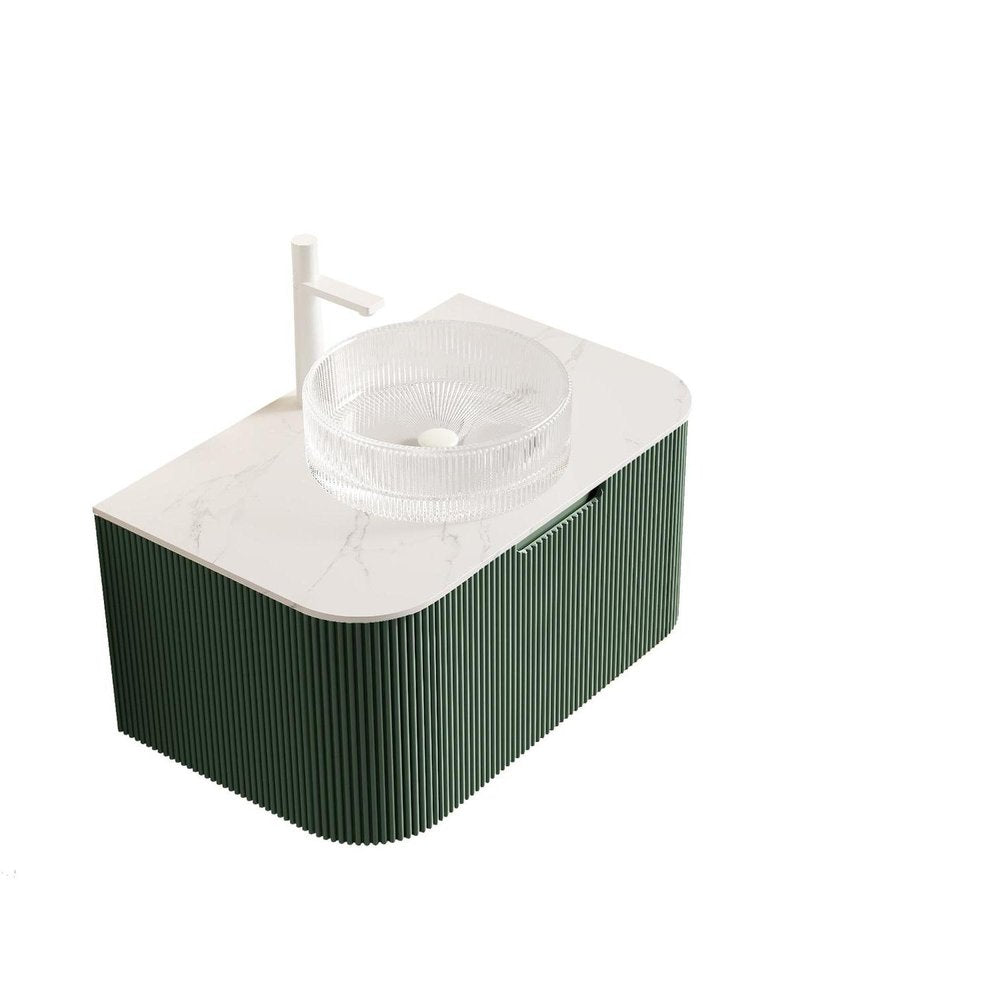 30" Green Wood Floating Bathroom Vanity With White Sink