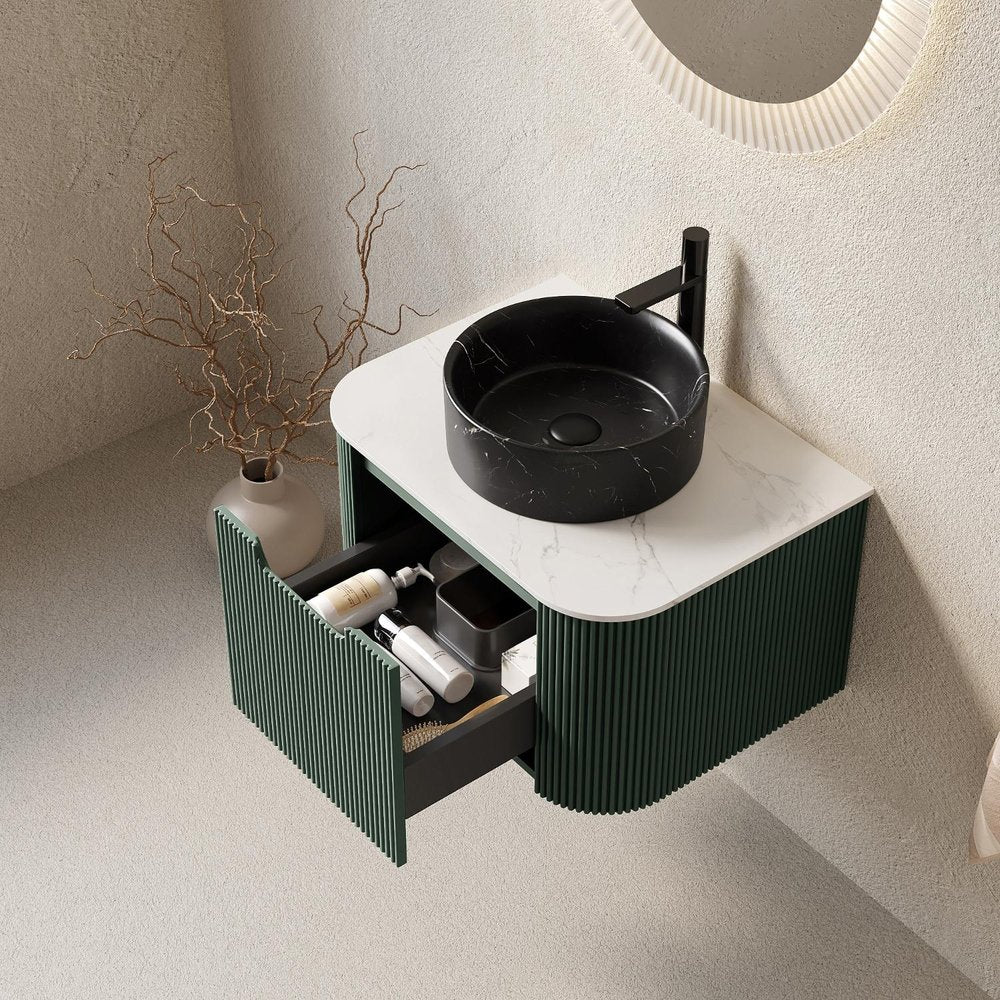 24" Green Wood Floating Bathroom Vanity With Black Sink