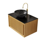 30" Brown Wood Floating Bathroom Vanity With Black Sink