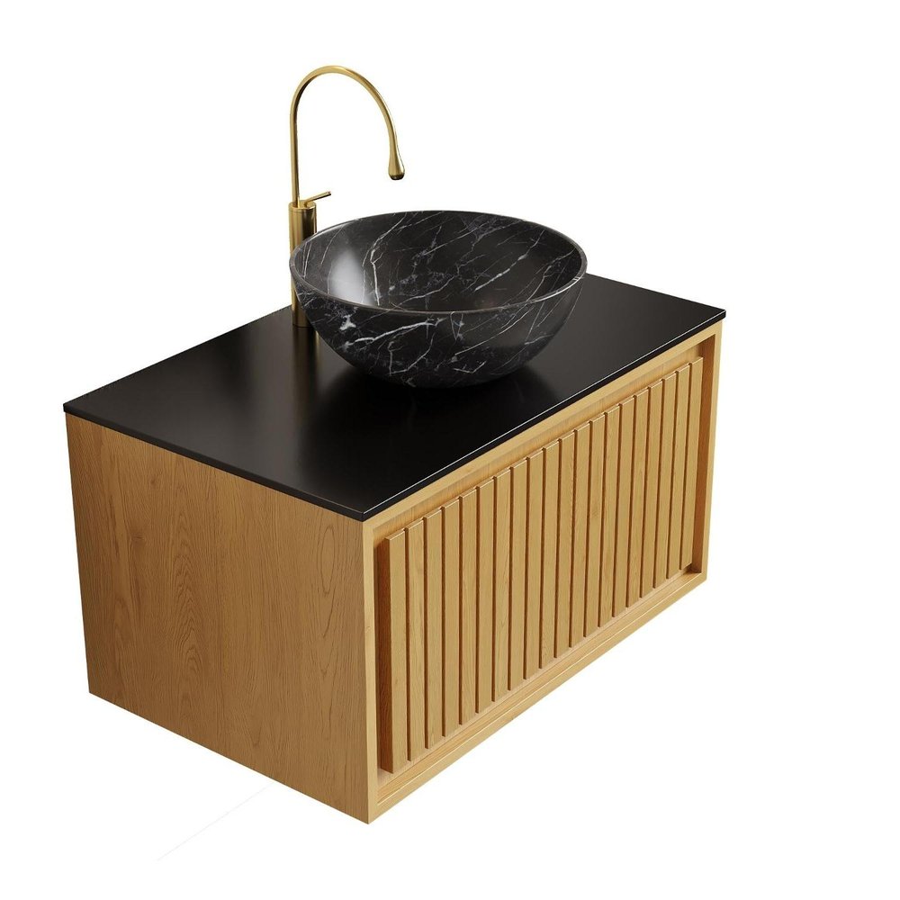 30" Brown Wood Floating Bathroom Vanity With Black Sink