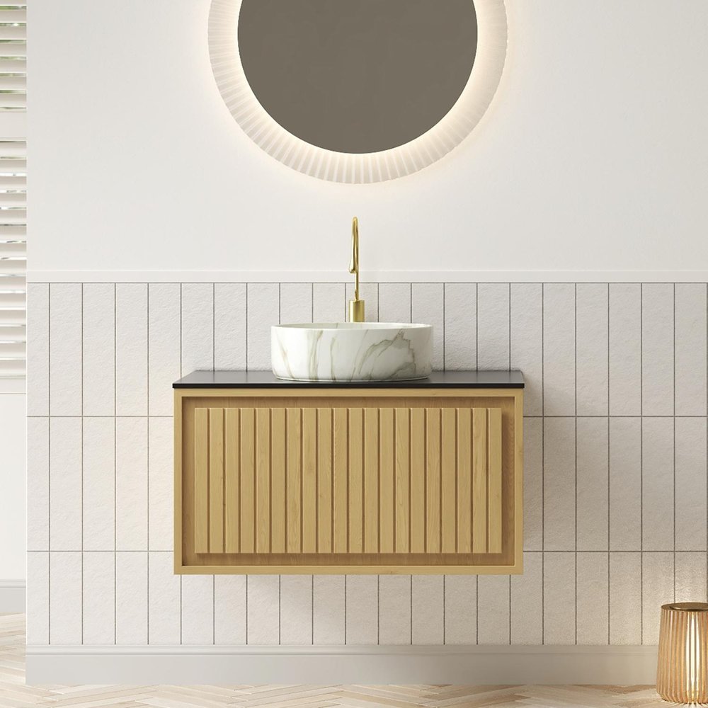 30" Brown Wood Floating Bathroom Vanity With White Sink
