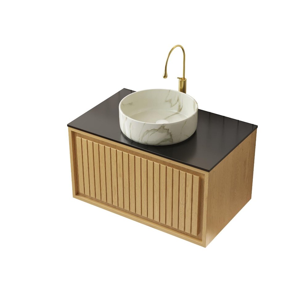 30" Brown Wood Floating Bathroom Vanity With White Sink