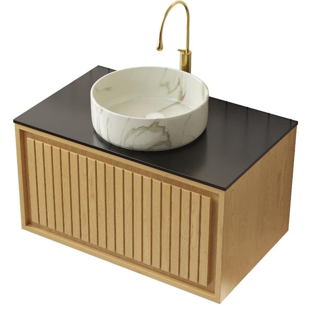 30" Brown Wood Floating Bathroom Vanity With White Sink
