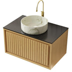 30" Brown Wood Floating Bathroom Vanity With White Sink