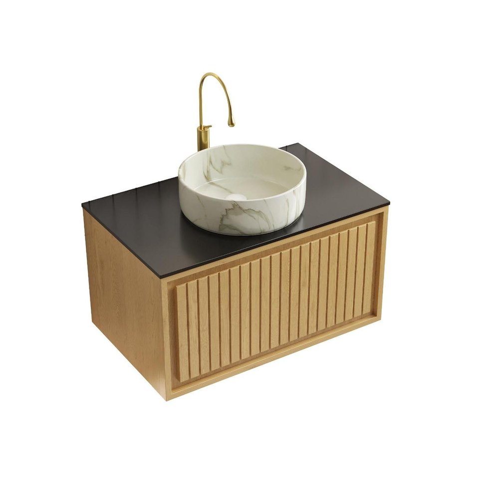 30" Brown Wood Floating Bathroom Vanity With White Sink