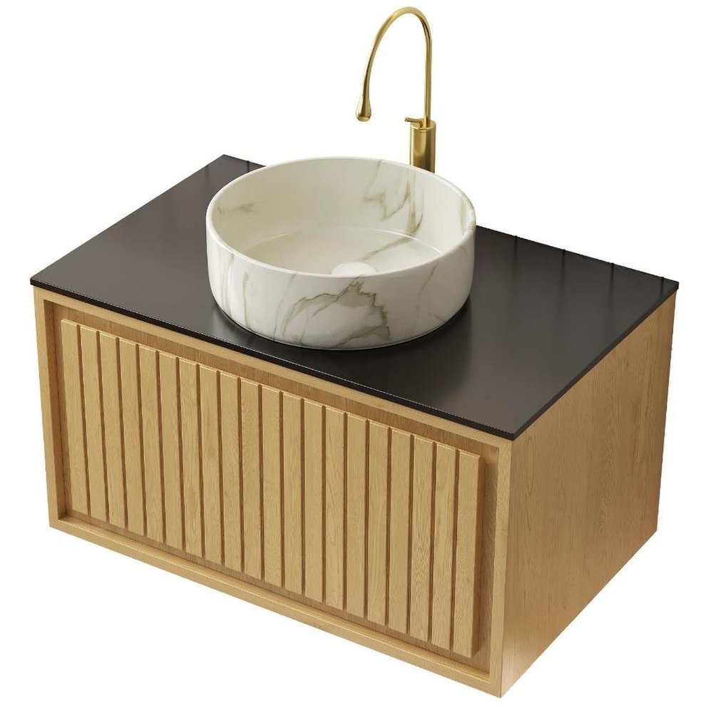 30" Brown Wood Floating Bathroom Vanity With White Sink