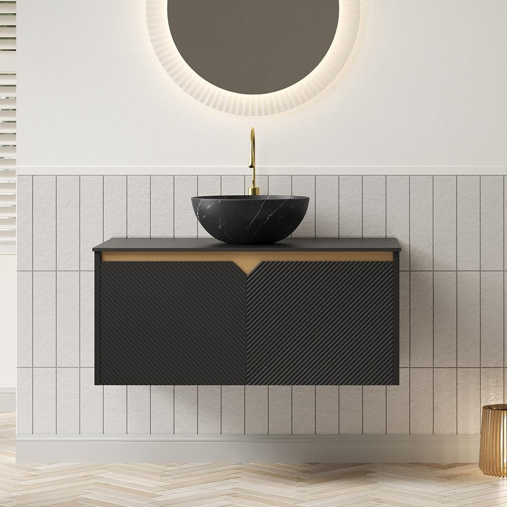 36" Black Wood Floating Double Door Bathroom Vanity With Sink