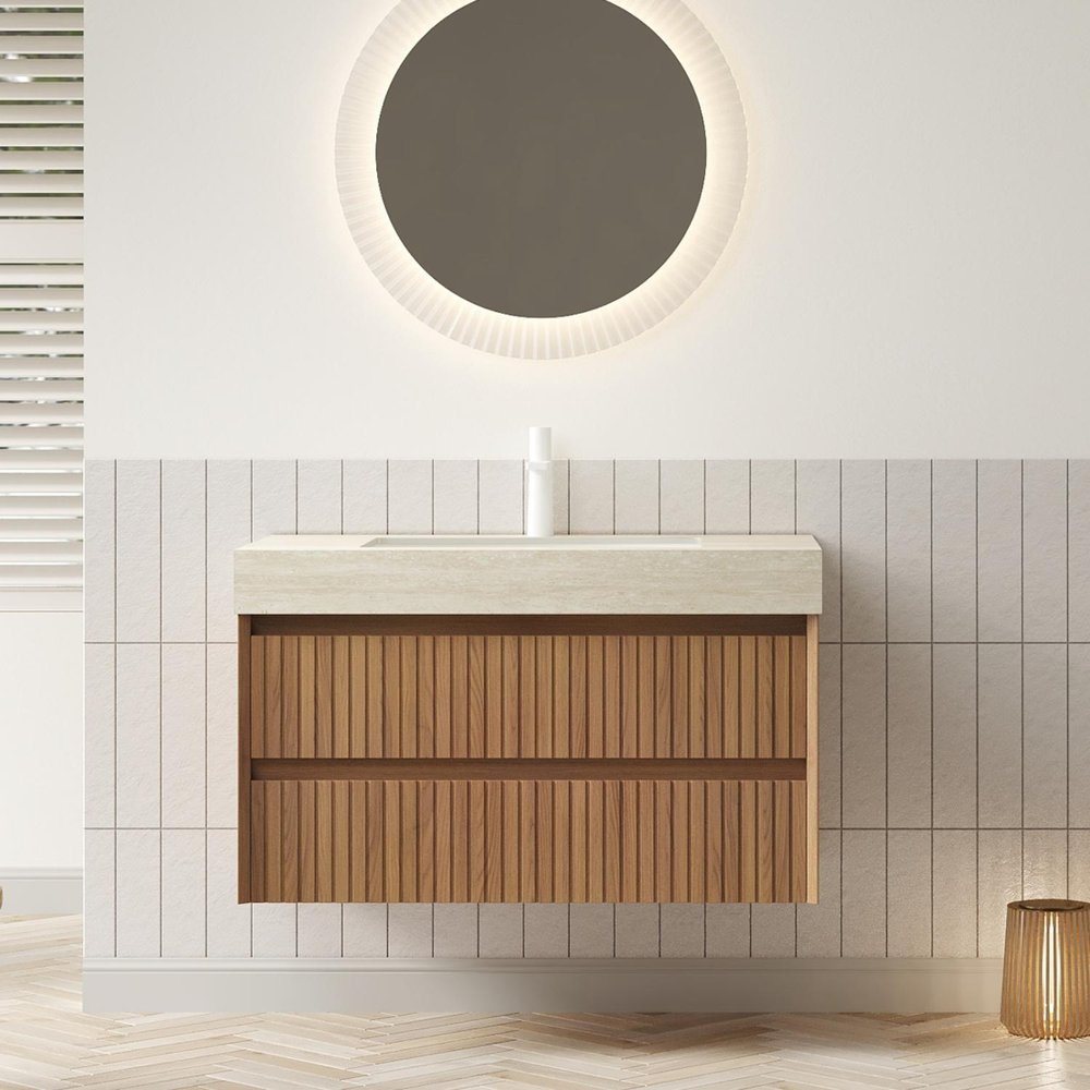 36" Brown Wood Floating Bathroom Vanity With White Sink And Two Drawers