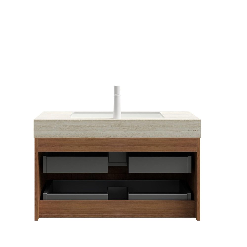 36" Brown Wood Floating Bathroom Vanity With White Sink And Two Drawers