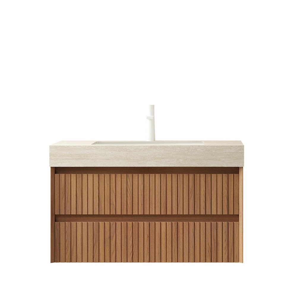 36" Brown Wood Floating Bathroom Vanity With White Sink And Two Drawers