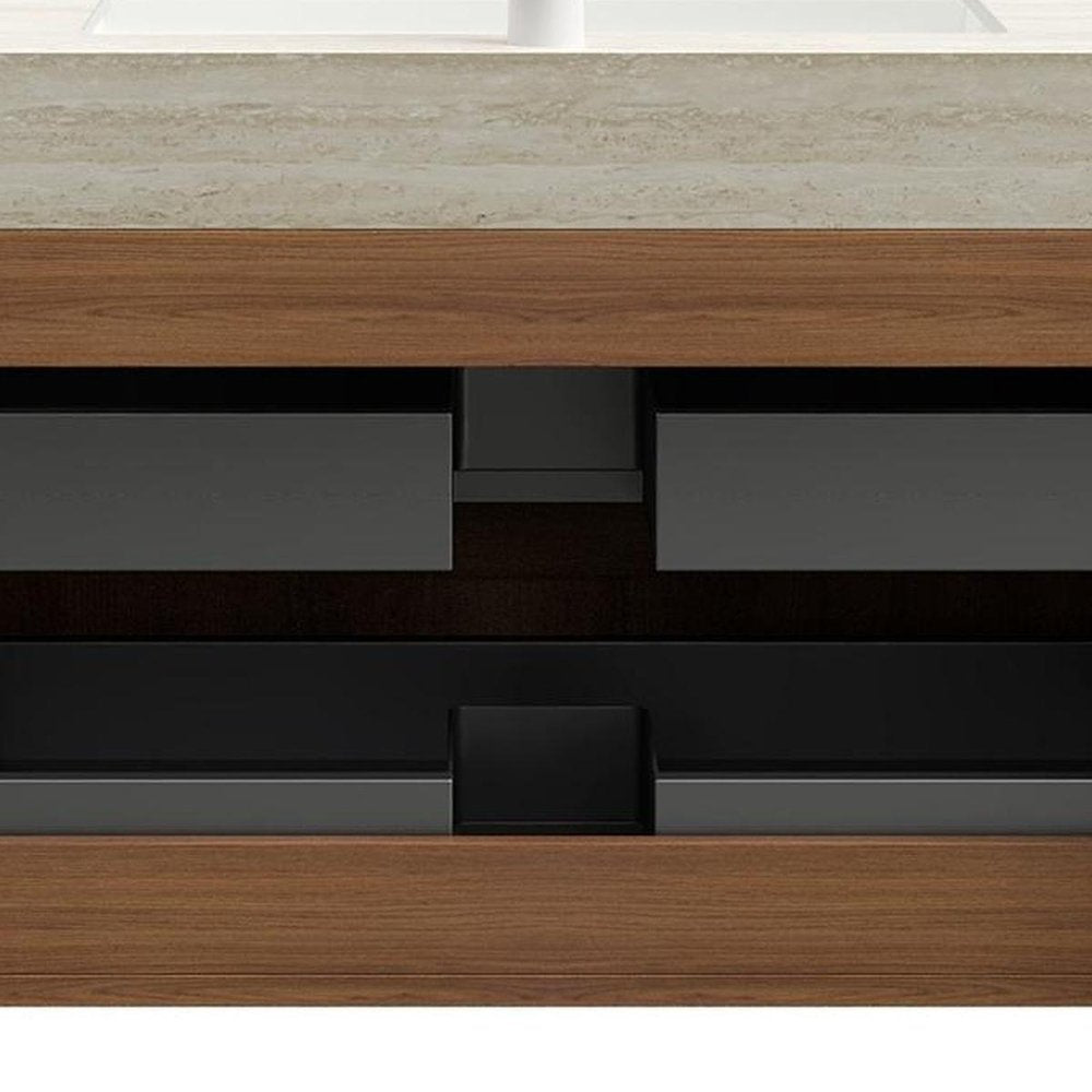 36" Brown Wood Floating Bathroom Vanity With White Sink And Two Drawers