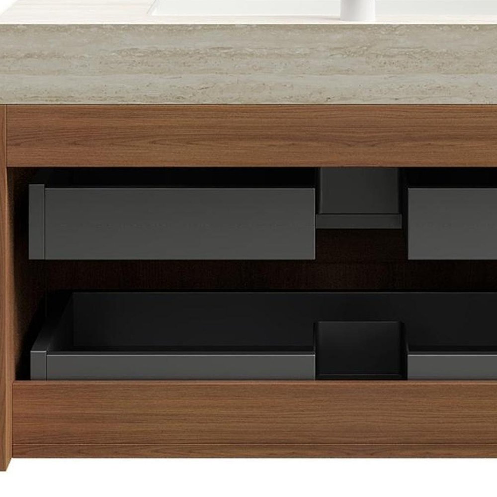 36" Brown Wood Floating Bathroom Vanity With White Sink And Two Drawers