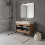 36" Brown Wood Floating Bathroom Vanity With White Sink And Two Drawers