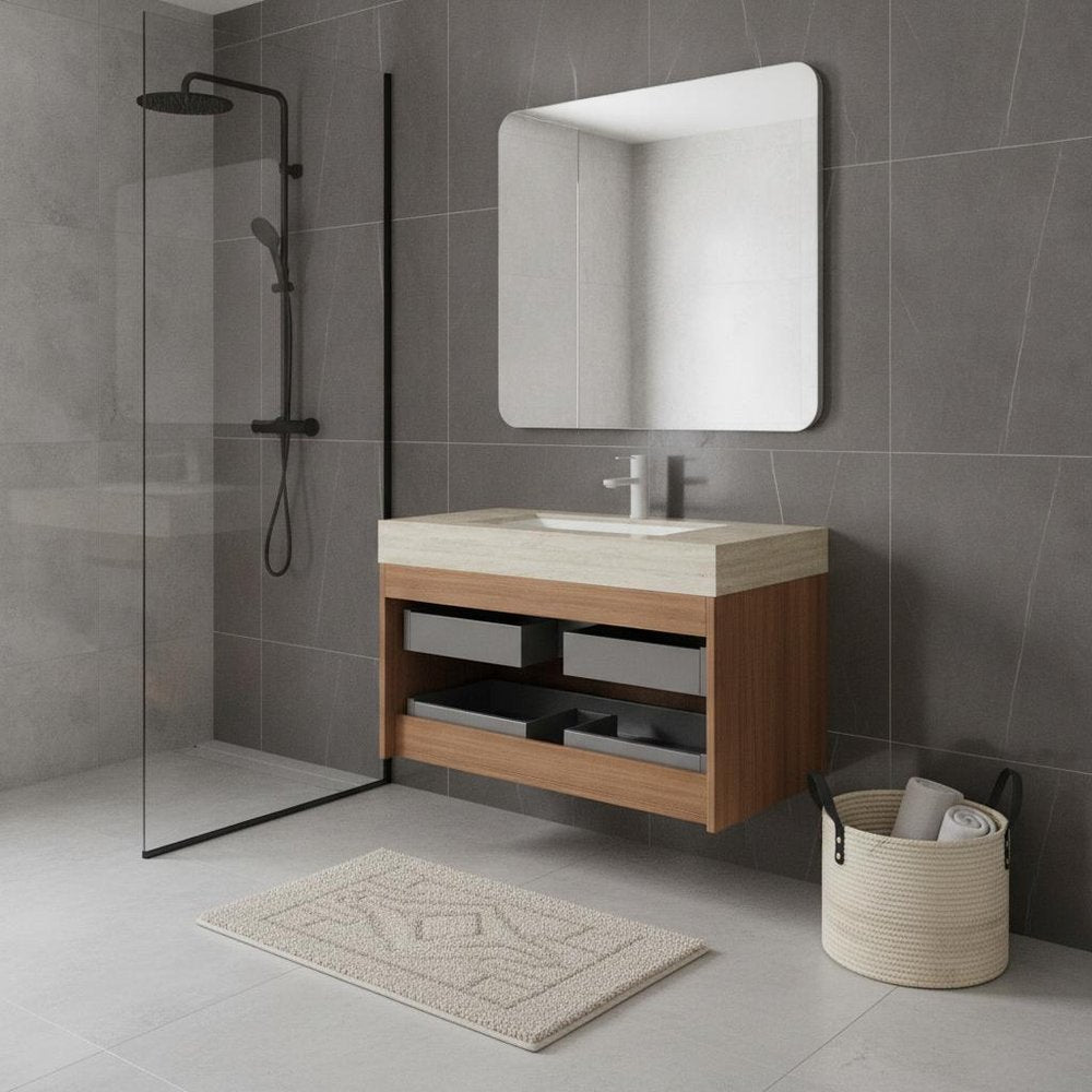 36" Brown Wood Floating Bathroom Vanity With White Sink And Two Drawers