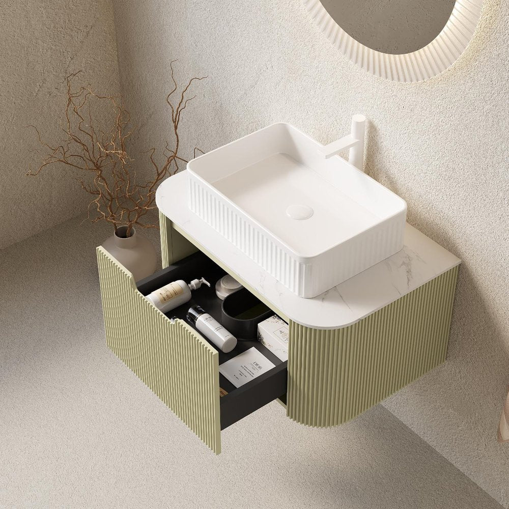 30" Green Wood Floating Bathroom Vanity With White Sink