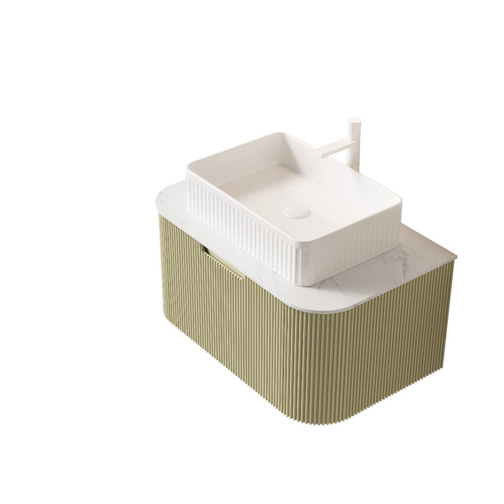 30" Green Wood Floating Bathroom Vanity With White Sink