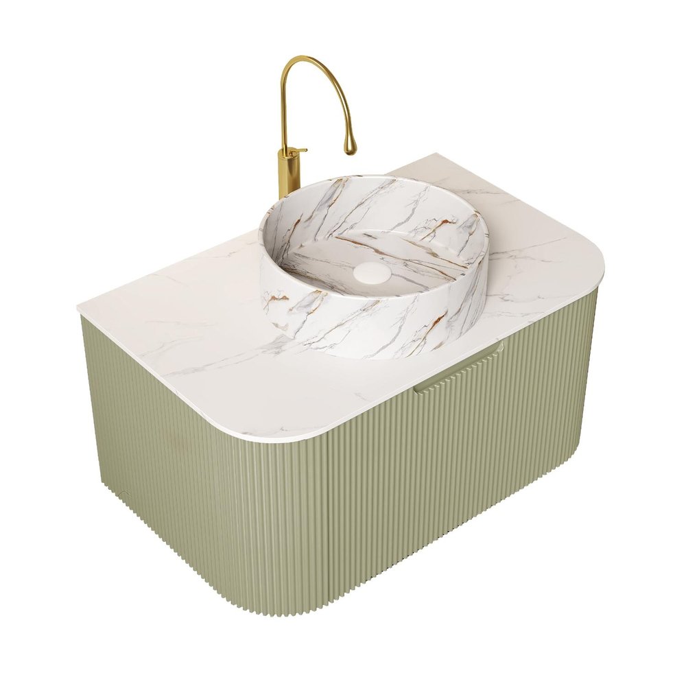 30" Green Wood Floating Bathroom Vanity With White Sink