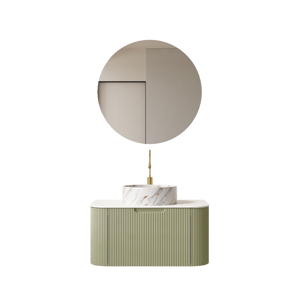 30" Green Wood Floating Bathroom Vanity With White Sink