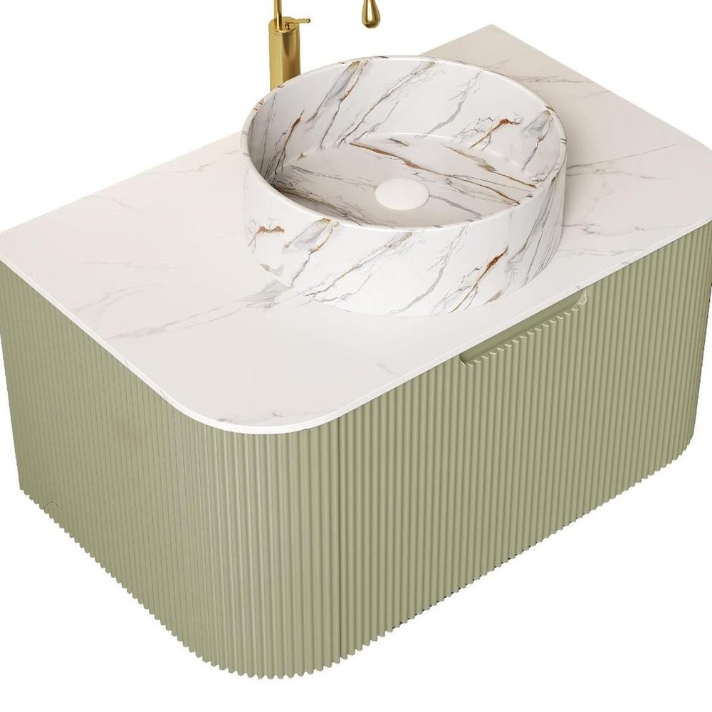 30" Green Wood Floating Bathroom Vanity With White Sink