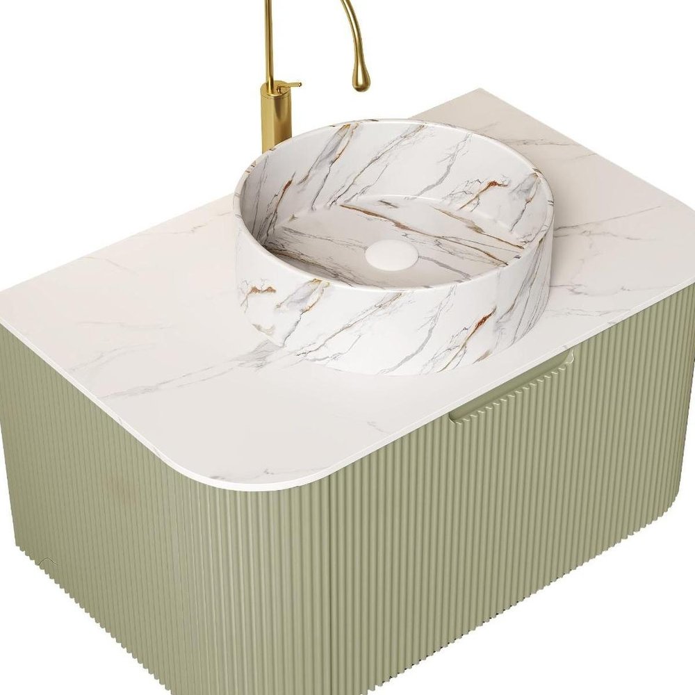 30" Green Wood Floating Bathroom Vanity With White Sink