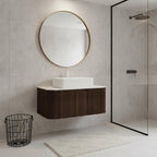 36" Brown Wood Floating Bathroom Vanity With White Sink