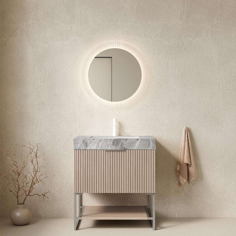 30" Brown Wood Freestanding Bathroom Vanity With White Sink