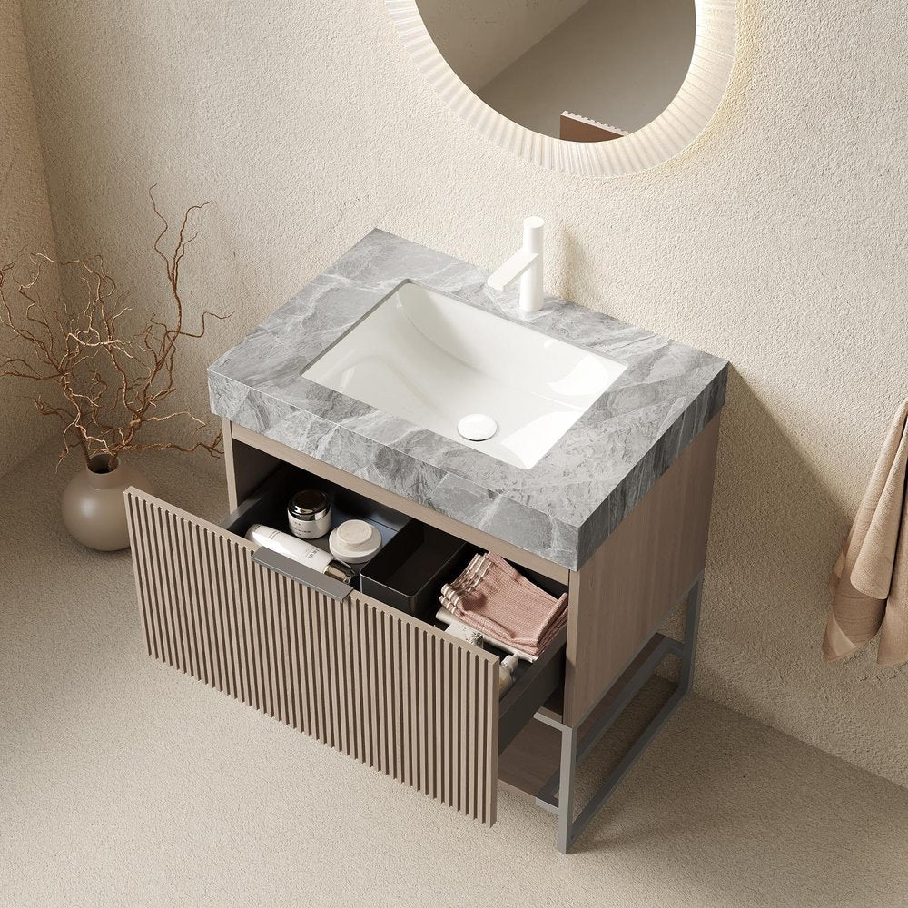 30" Brown Wood Freestanding Bathroom Vanity With White Sink