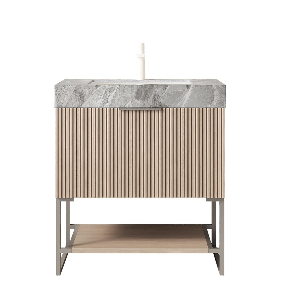 30" Brown Wood Freestanding Bathroom Vanity With White Sink