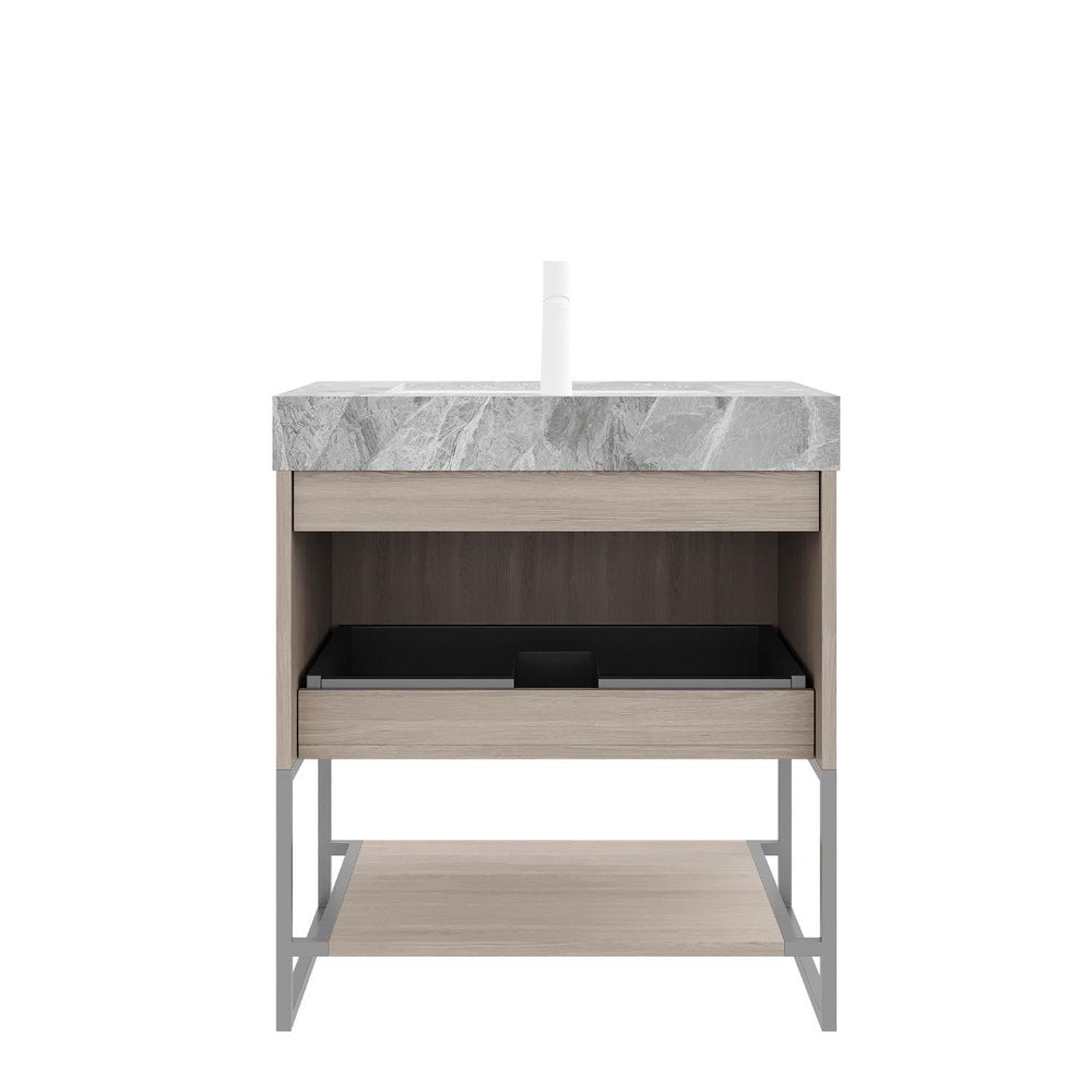 30" Brown Wood Freestanding Bathroom Vanity With White Sink