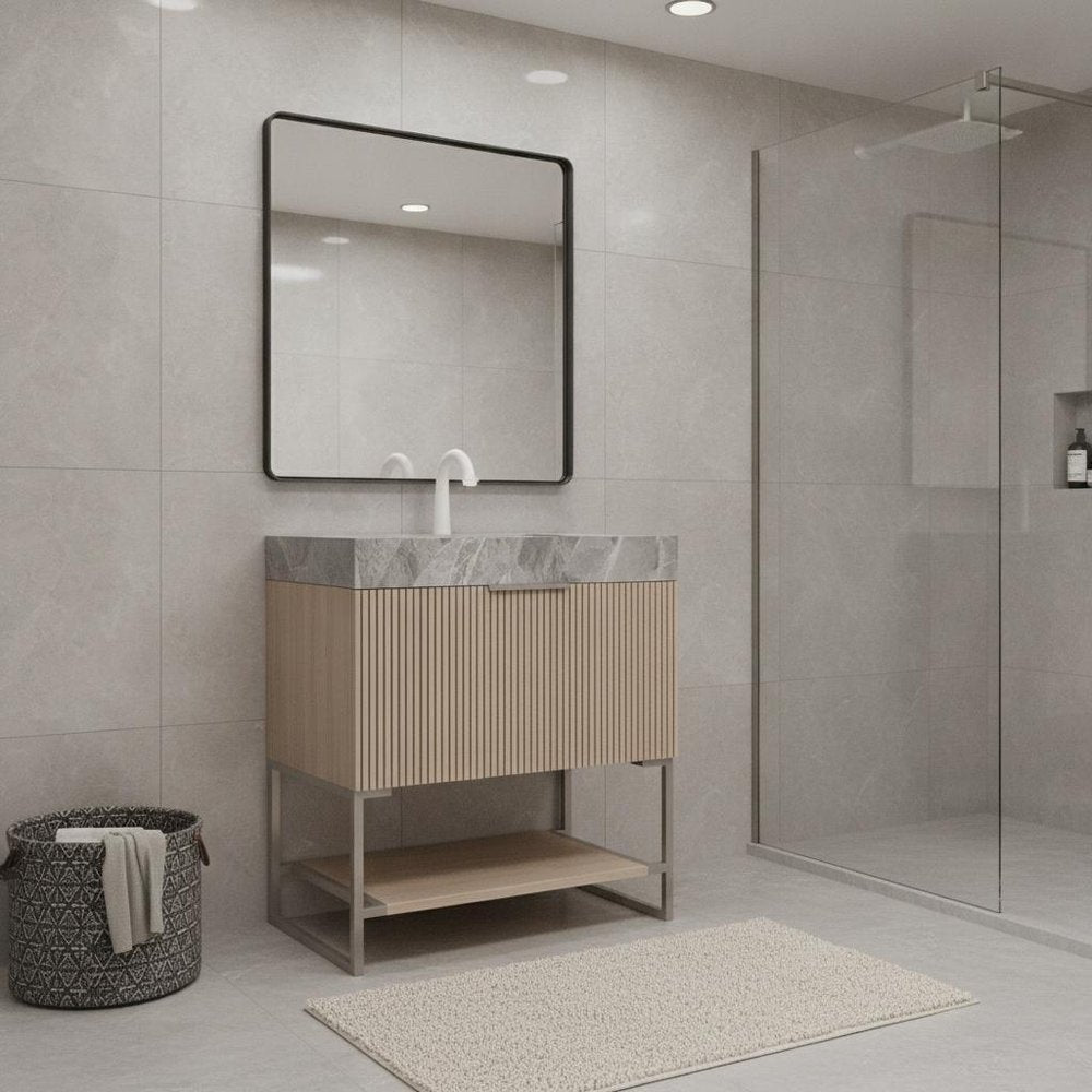 30" Brown Wood Freestanding Bathroom Vanity With White Sink