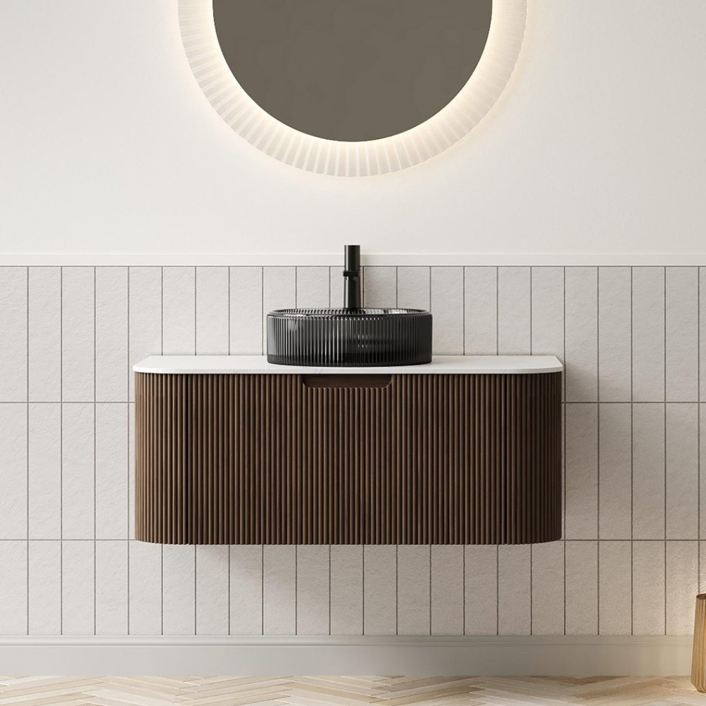 36" Brown Wood Floating Bathroom Vanity With Black Sink