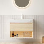30" Brown Wood Floating Bathroom Vanity With White Sink