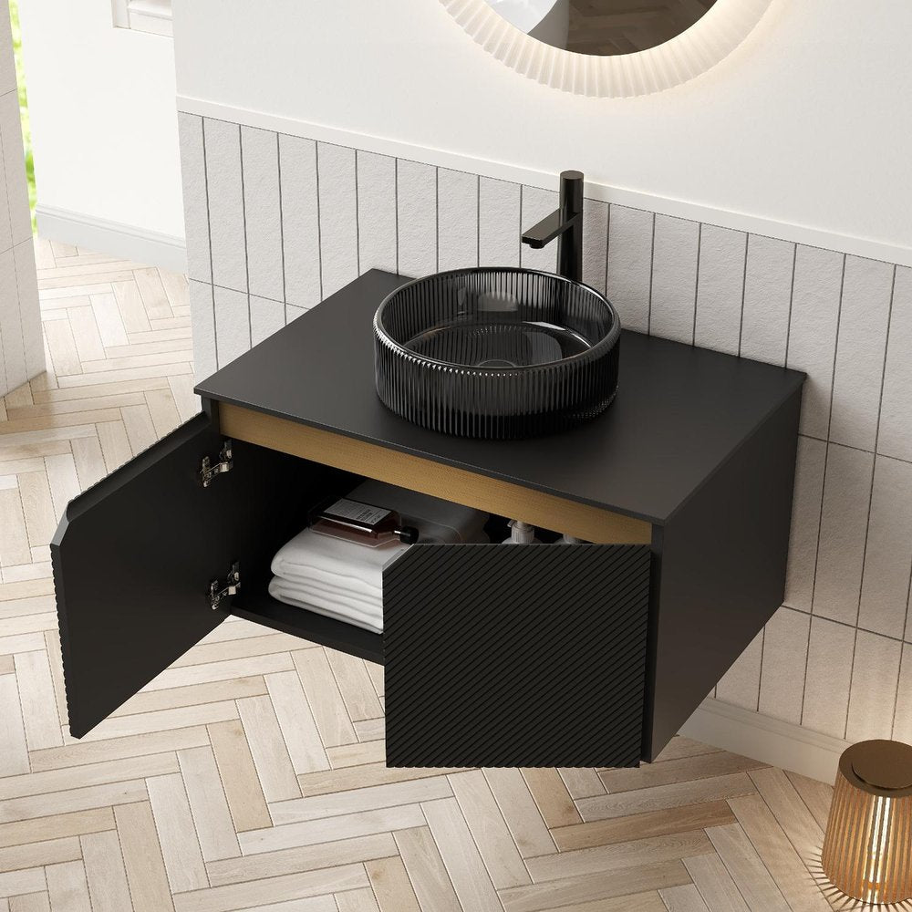 30" Black Wood Floating Double Door Bathroom Vanity With Sink