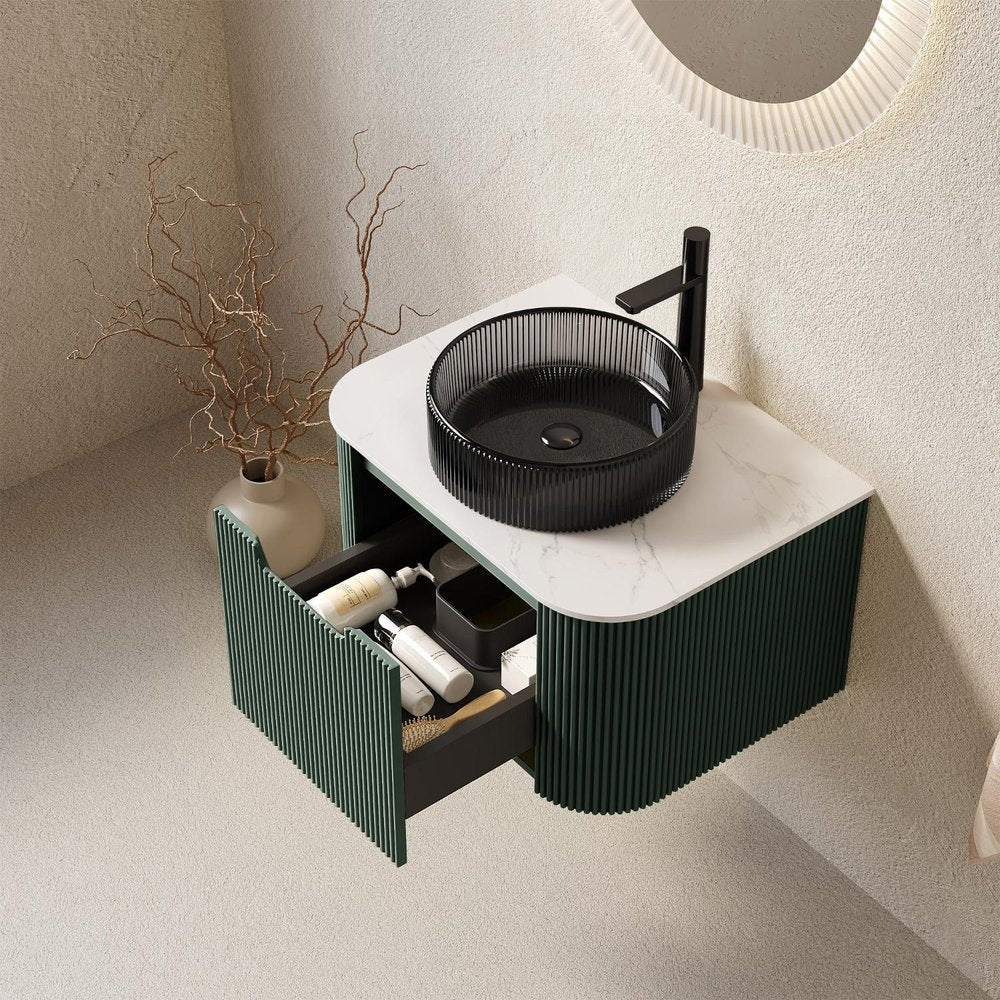 24" Green Wood Floating Bathroom Vanity With Black Sink