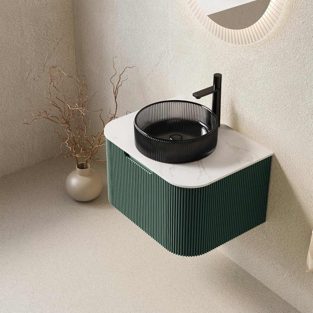 24" Green Wood Floating Bathroom Vanity With Black Sink