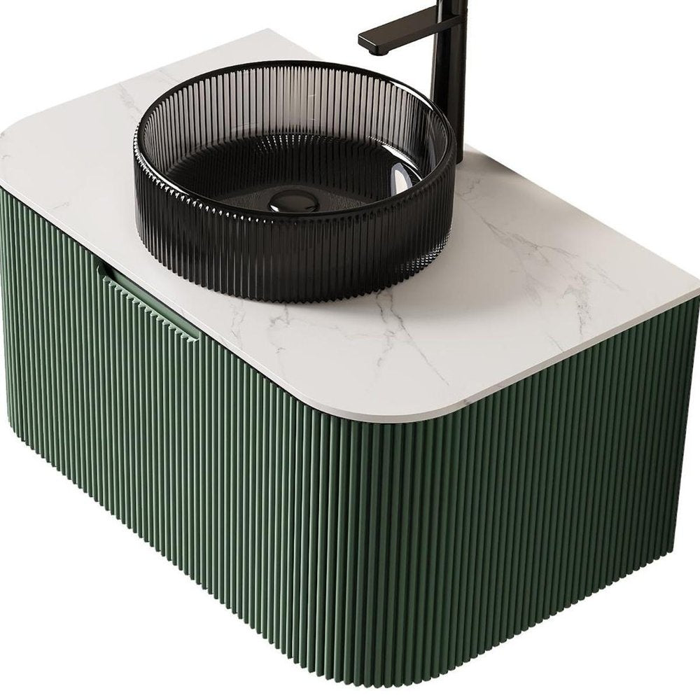30" Green Wood Floating Bathroom Vanity With Black Sink