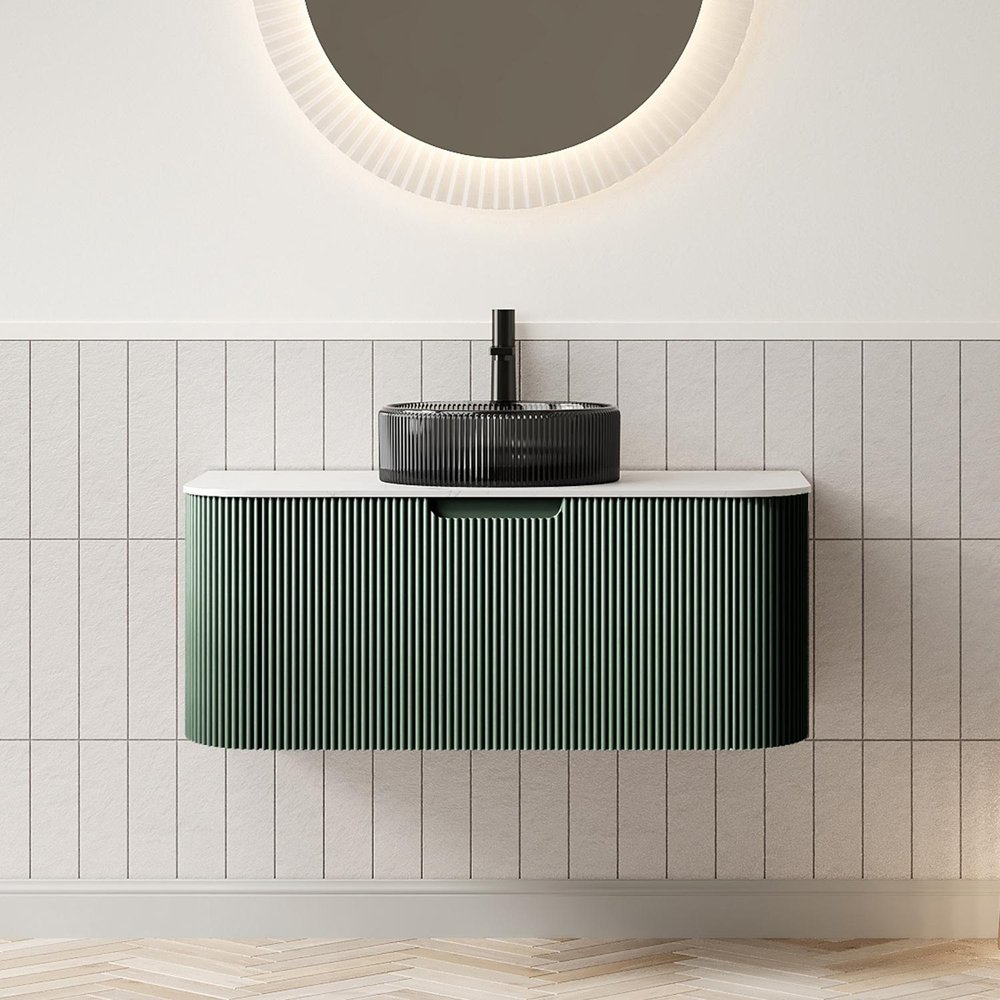 36" Green Wood Floating Bathroom Vanity With Black Sink